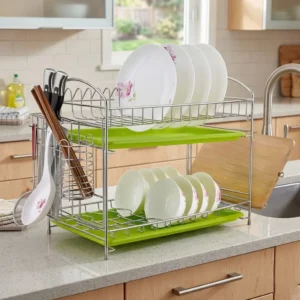 Two-tier stainless steel dish drainer rack for kitchen storage - 260401-1-2-1