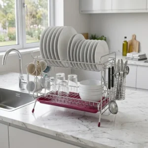 2-Tier stainless steel dish drying rack with drainboard and utensil holder - Tanapbaekga wire product factory