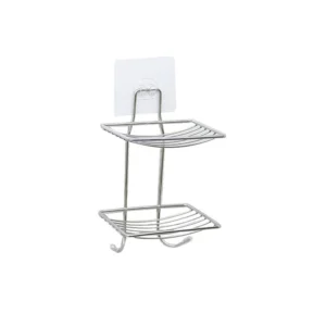Wall-mounted drill-free double layer stainless steel soap dish holder with hooks, produced by Tanapbaekga sanitary organizer factory in Chao'an for OEM and wholesale
