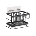 Black coated stainless steel sink caddy and sponge holder with adhesive wall mount and dishcloth hanger, manufactured by Tanapbaekga factory in Chao'an District for B2B wholesale