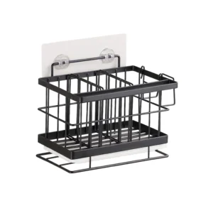 Black coated stainless steel sink caddy and sponge holder with adhesive wall mount and dishcloth hanger, manufactured by Tanapbaekga factory in Chao'an District for B2B wholesale
