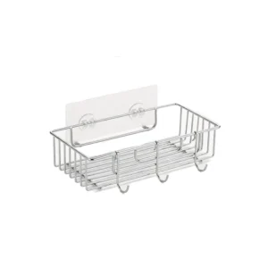 Drill-free adhesive stainless steel multipurpose shower caddy and kitchen organizer basket with front hooks, manufactured by Tanapbaekga factory in Chao'an for global B2B supply