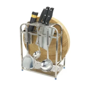 Multi-functional stainless steel kitchen knife rack and chopping board holder with utensil caddy, manufactured by Tanapbaekga factory in Chao'an for B2B wholesale