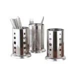 Round stainless steel utensil holder and cutlery drainer caddy with perforated drainage holes, manufactured by Tanapbaekga factory in Chao'an District for B2B wholesale and OEM