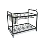 Space-saving black 2-tier kitchen dish drying rack with stainless steel utensil holders, cup hooks, and drainboard, manufactured by Tanapbaekga factory in Chao'an District for B2B wholesale