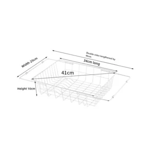 Expandable stainless steel wire over the sink dish drying basket with adjustable arms and dimensional specs, manufactured by Tanapbaekga factory in Chao'an District for B2B wholesale