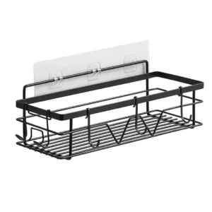 Matte black wall-mounted shower caddy and bathroom organizer basket with integrated W-hooks and removable hanging hooks, manufactured by Tanapbaekga factory.