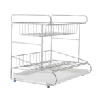 Double tier stainless steel wire kitchen counter dish drying rack and organizer with white plastic drainboard and anti-slip feet, manufactured by Tanapbaekga factory in Chao'an District for B2B wholesale