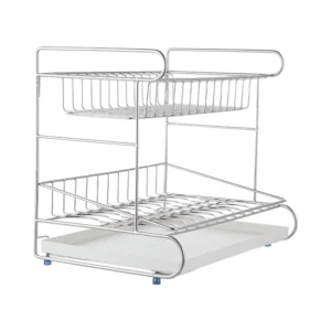 Double tier stainless steel wire kitchen counter dish drying rack and organizer with white plastic drainboard and anti-slip feet, manufactured by Tanapbaekga factory in Chao'an District for B2B wholesale