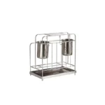 Multifunctional stainless steel countertop knife and utensil holder rack featuring two perforated cutlery cups, hanging hooks, and a drip tray, manufactured by Tanapbaekga factory in Chao'an District for global B2B wholesale.