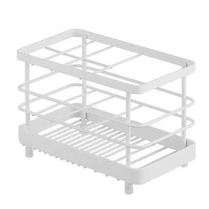 White coated rustproof wire bathroom countertop toothbrush and toothpaste organizer with sectioned compartments and drainboard, manufactured by Tanapbaekga factory.