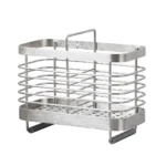 Brushed stainless steel portable utensil holder and flatware caddy with center handle and draining base, expertly produced by Tanapbaekga factory for global OEM orders.