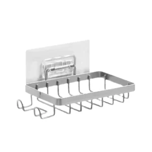 Polished stainless steel wire wall-mounted organizer designed for holding bar soap and featuring integrated dual hooks for manual razors, expertly produced by Tanapbaekga wire forming factory for OEM orders.