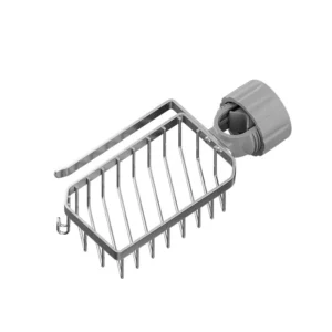 Stainless steel wire faucet mount sponge holder and sink caddy featuring a rotary knob for tool-free installation, an integrated dishcloth bar, and a side hook, manufactured by Tanapbaekga factory