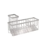 Rustproof stainless steel wire kitchen sink caddy and sponge brush holder featuring a tall brush compartment and an auto-draining slanted metal tray, manufactured by Tanapbaekga factory in Chao'an District for B2B wholesale.