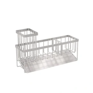Rustproof stainless steel wire kitchen sink caddy and sponge brush holder featuring a tall brush compartment and an auto-draining slanted metal tray, manufactured by Tanapbaekga factory in Chao'an District for B2B wholesale.