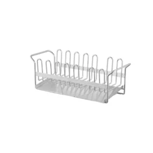 Korean style minimalist rustproof stainless steel wire sink caddy and washbasin sponge holder, featuring continuous U-shaped wire forming and a solid draining tray, manufactured by Tanapbaekga factory in Chao'an District for B2B wholesale.
