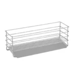 Minimalist long rustproof stainless steel wire kitchen sink sponge rack featuring an open rectangular basket and an auto-draining slanted metal tray, manufactured by Tanapbaekga factory in Chao'an District for B2B global wholesale.
