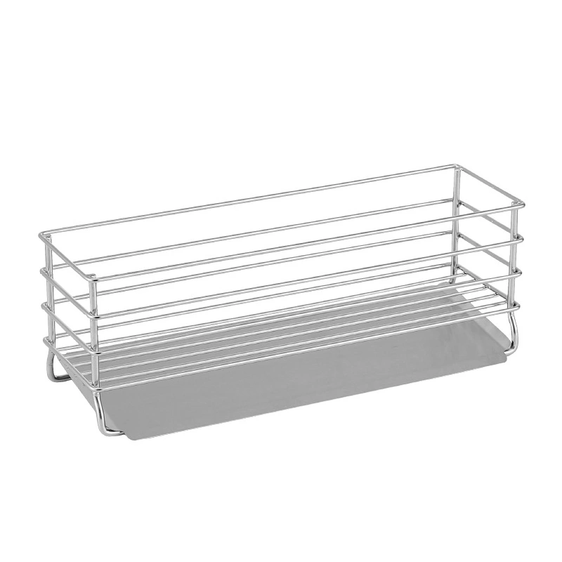Minimalist long rustproof stainless steel wire kitchen sink sponge rack featuring an open rectangular basket and an auto-draining slanted metal tray, manufactured by Tanapbaekga factory in Chao'an District for B2B global wholesale.