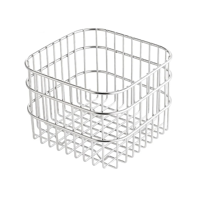 Small square rustproof stainless steel wire forming countertop storage and draining basket with grid bottom and rounded corners, manufactured by Tanapbaekga factory in Chao'an District for B2B global wholesale.