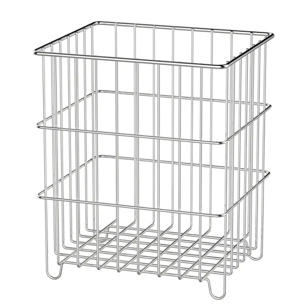 Medium-tall square rustproof stainless steel wire forming storage and draining basket featuring integrated wire feet and a deep grid bottom, manufactured by Tanapbaekga factory in Chao'an District for B2B global wholesale.