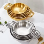 Stackable gold and silver stainless steel ramen pots in various sizes, feature double handles and electropolished mirror finish, ideal for commercial restaurant and home kitchen use.