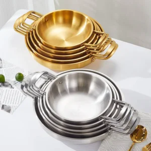 Stackable gold and silver stainless steel ramen pots in various sizes, feature double handles and electropolished mirror finish, ideal for commercial restaurant and home kitchen use.
