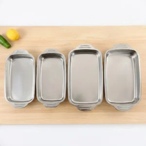 Wholesale rectangular stainless steel roasting pans and deep baking trays with handles, multiple sizes for commercial catering and kitchen storage.