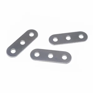 Three pieces of 3-hole stainless steel flat mending plates displayed on a white background, ideal for bulk hardware sourcing, commercial furniture reinforcement, and custom sheet metal stamping OEM orders.