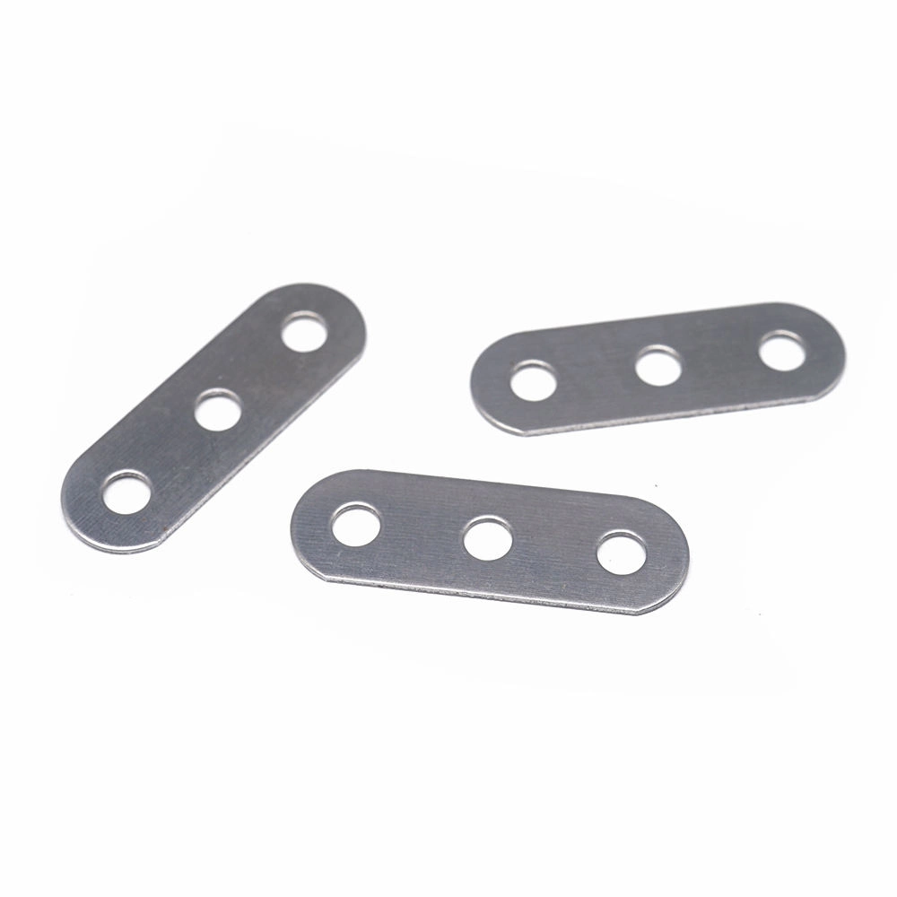 Three pieces of 3-hole stainless steel flat mending plates displayed on a white background, ideal for bulk hardware sourcing, commercial furniture reinforcement, and custom sheet metal stamping OEM orders.
