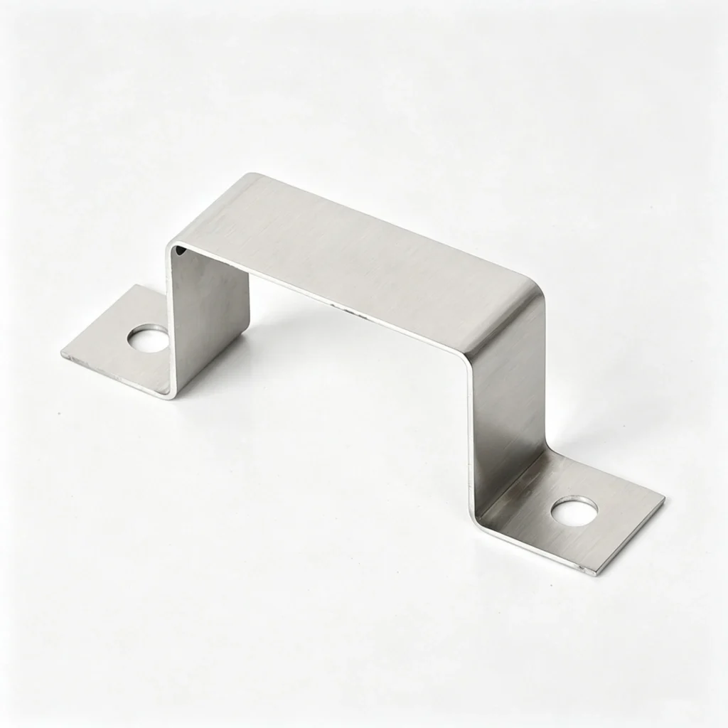 Custom 304 stainless steel square pipe saddle clamp with dual mounting holes, featuring a brushed finish and precision sheet metal bending for rigid tube support.
