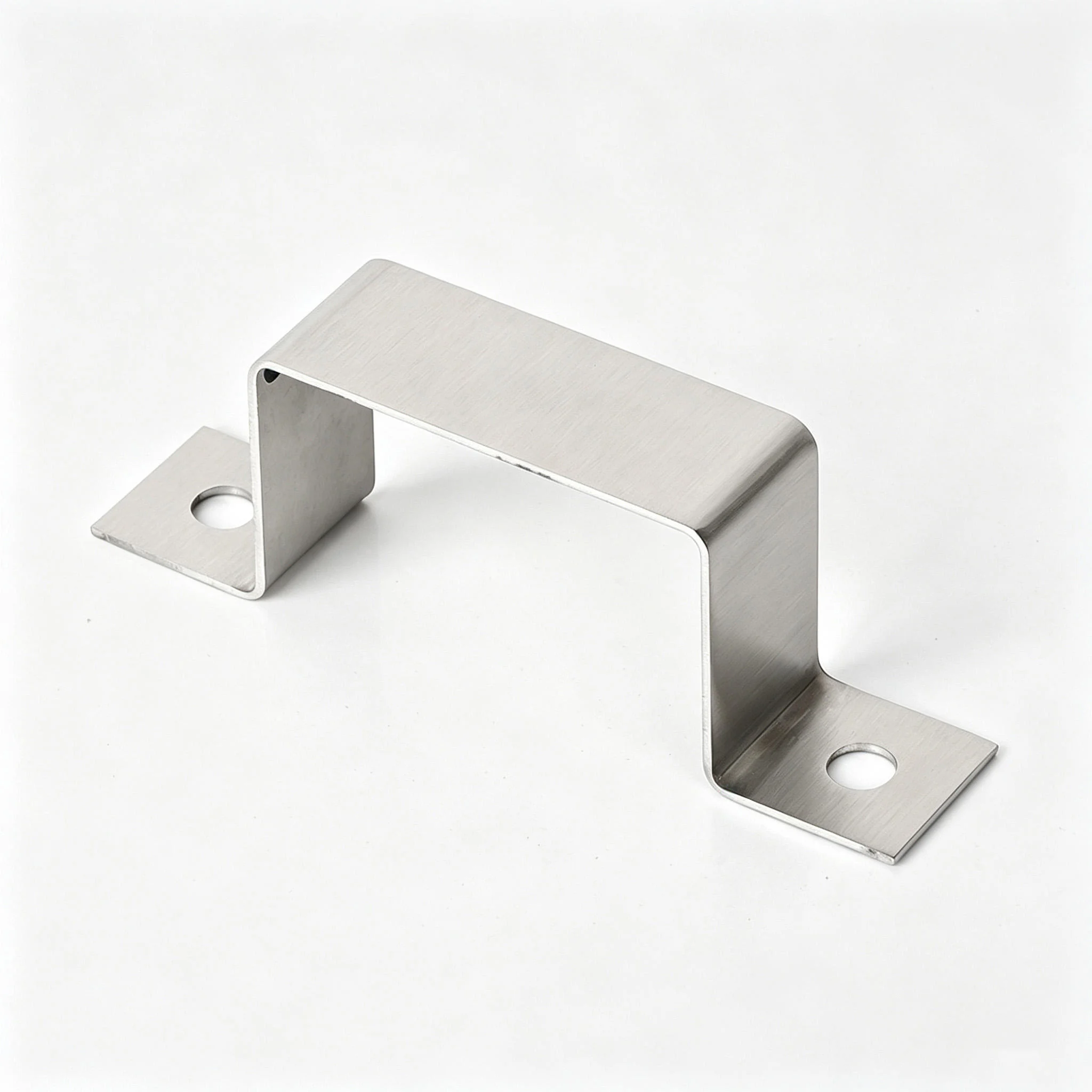 Custom 304 stainless steel square pipe saddle clamp with dual mounting holes, featuring a brushed finish and precision sheet metal bending for rigid tube support.