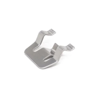Custom stainless steel spring clip shrapnel, sheet metal stamping part used as an automotive retainer and metal fastener.