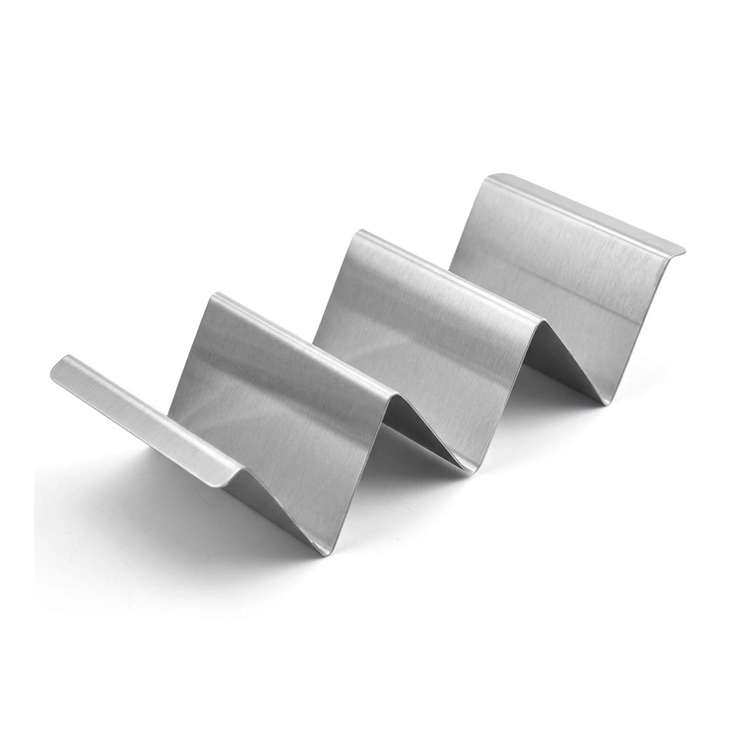 Wholesale custom 3-slot stainless steel taco holder, OEM manufactured for commercial restaurant and catering use.