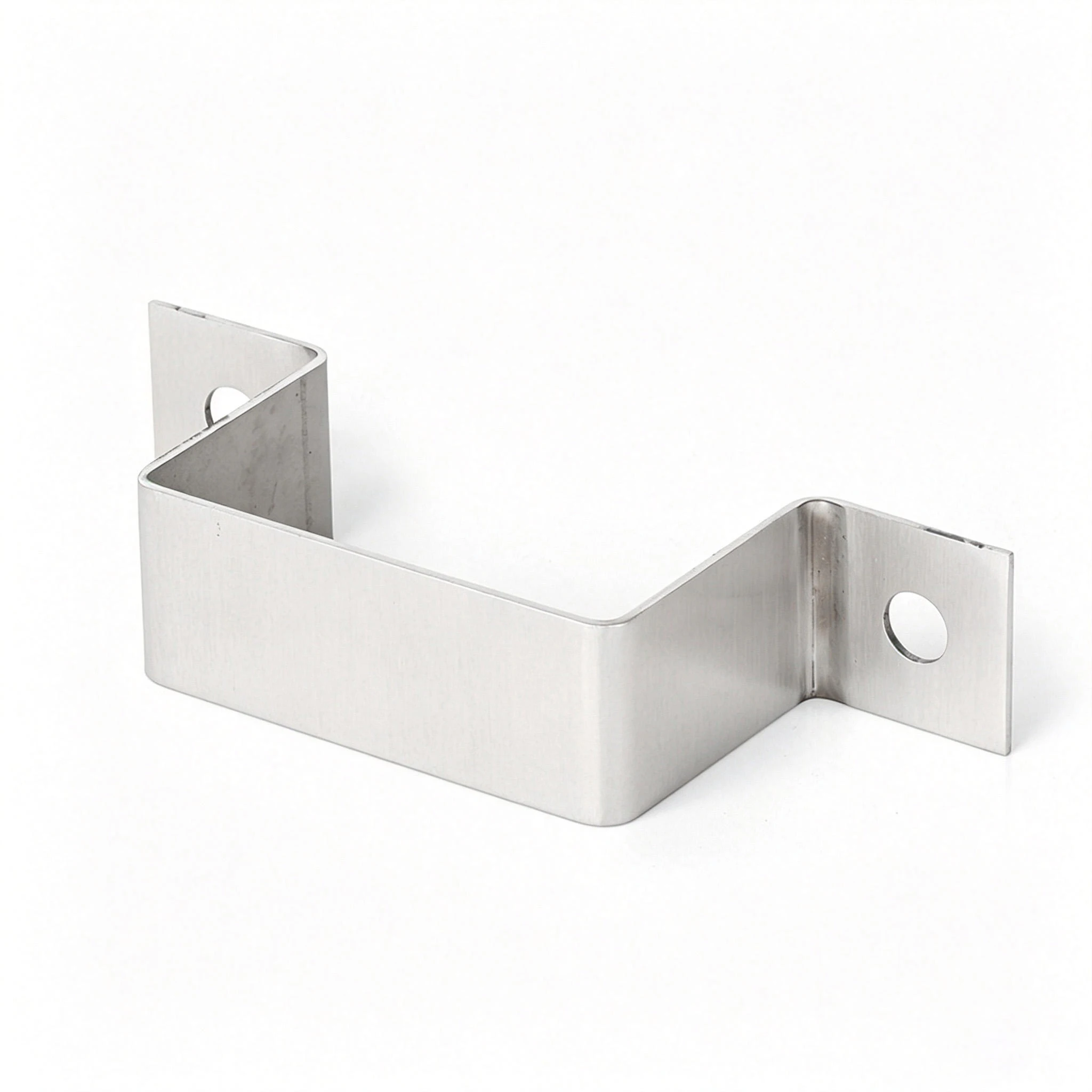 Detailed view of a custom U-shaped rectangular tube bracket, showcasing precise 90-degree metal stamping angles and punched slots for OEM industrial hardware manufacturing.