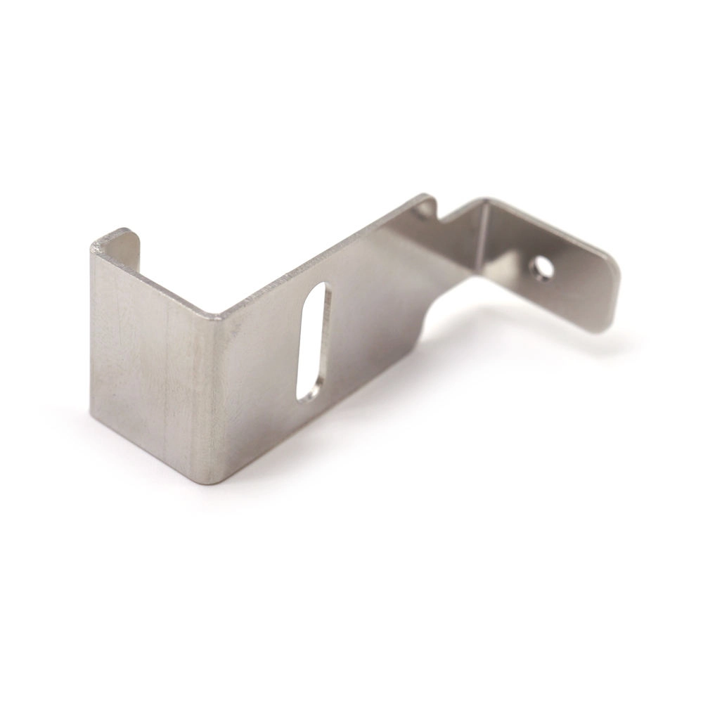 Precision sheet metal fabrication of stainless steel mounting bracket featuring a slotted hole for adjustable installation.