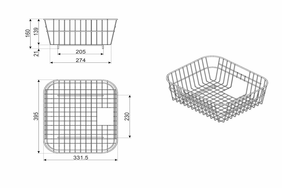 CAD drawing of a custom stainless steel homewares showing top and side views, dimensional measurements, and a 3D structural design.