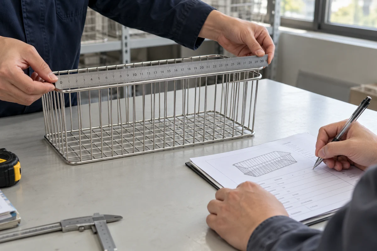 Factory engineer measuring a stainless steel wire basket sample with a ruler and recording dimensions on an inspection sheet.