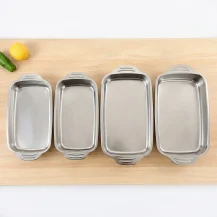 Wholesale rectangular stainless steel roasting pans and deep baking trays with handles, multiple sizes for commercial catering and kitchen storage.